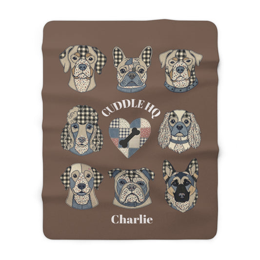 Sherpa Blanket — "Cuddle HQ" Patchwork Dog Faces Personalized Throw (Add Name)