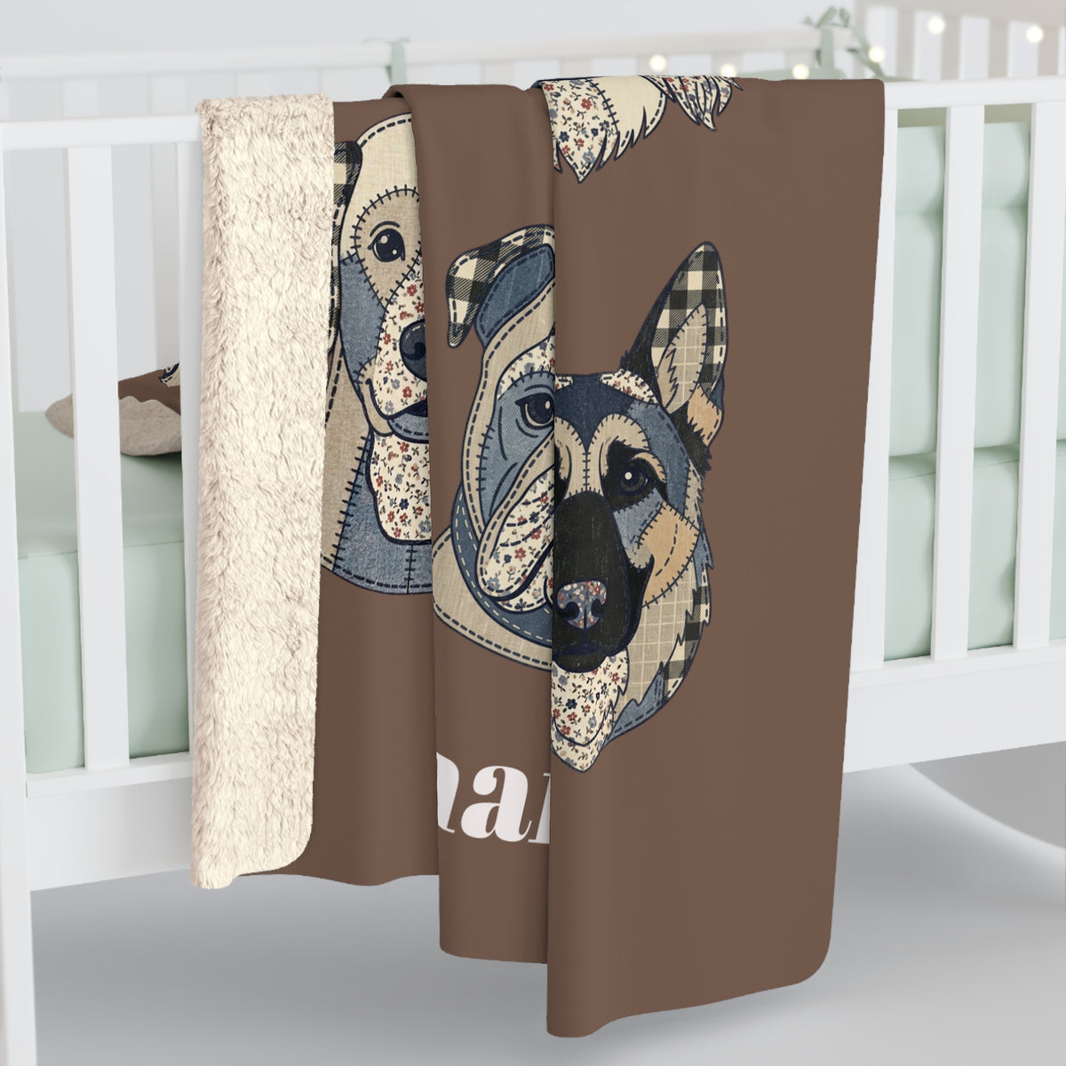 Sherpa Blanket — "Cuddle HQ" Patchwork Dog Faces Personalized Throw (Add Name) – Brown