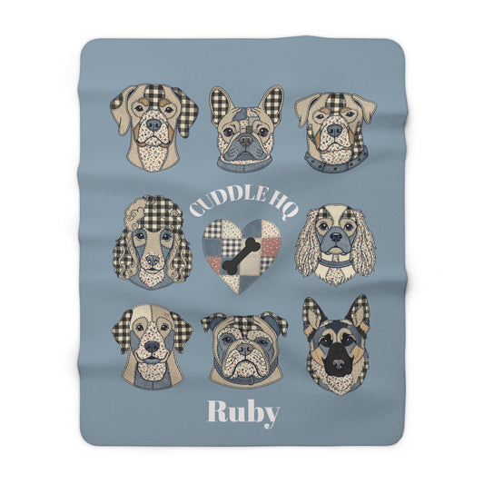 Copy of Sherpa Blanket — "Cuddle HQ" Patchwork Dog Faces Personalized Throw (Add Name)
