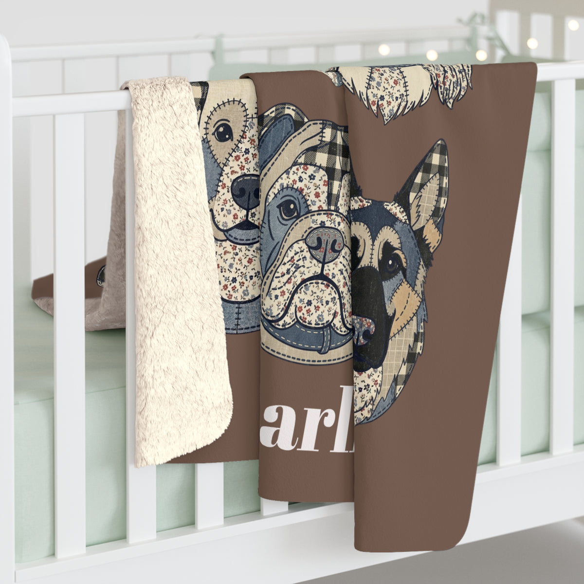 Sherpa Blanket — "Cuddle HQ" Patchwork Dog Faces Personalized Throw (Add Name) – Brown