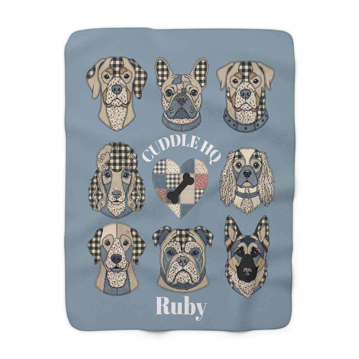 Sherpa Blanket — "Cuddle HQ" Patchwork Dog Faces Personalized Throw (Add Name) – Blue