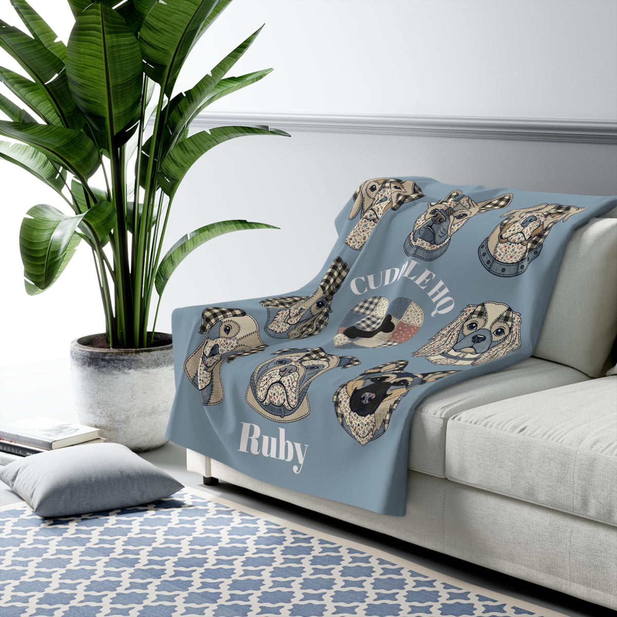 Sherpa Blanket — "Cuddle HQ" Patchwork Dog Faces Personalized Throw (Add Name) – Blue