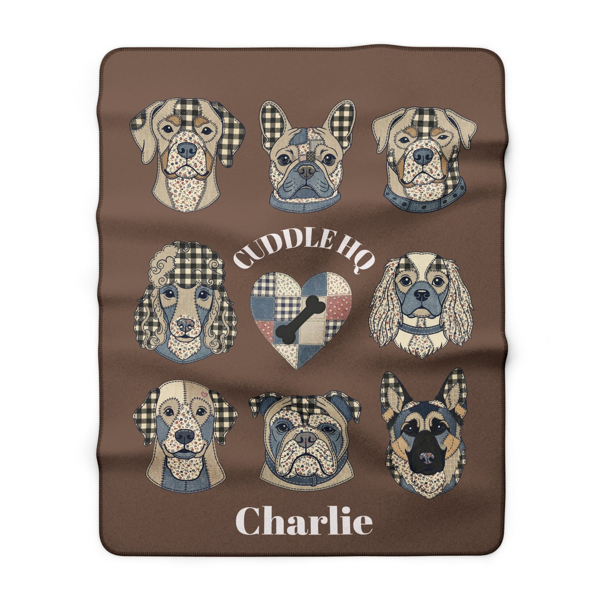 Sherpa Blanket — "Cuddle HQ" Patchwork Dog Faces Personalized Throw (Add Name) – Brown