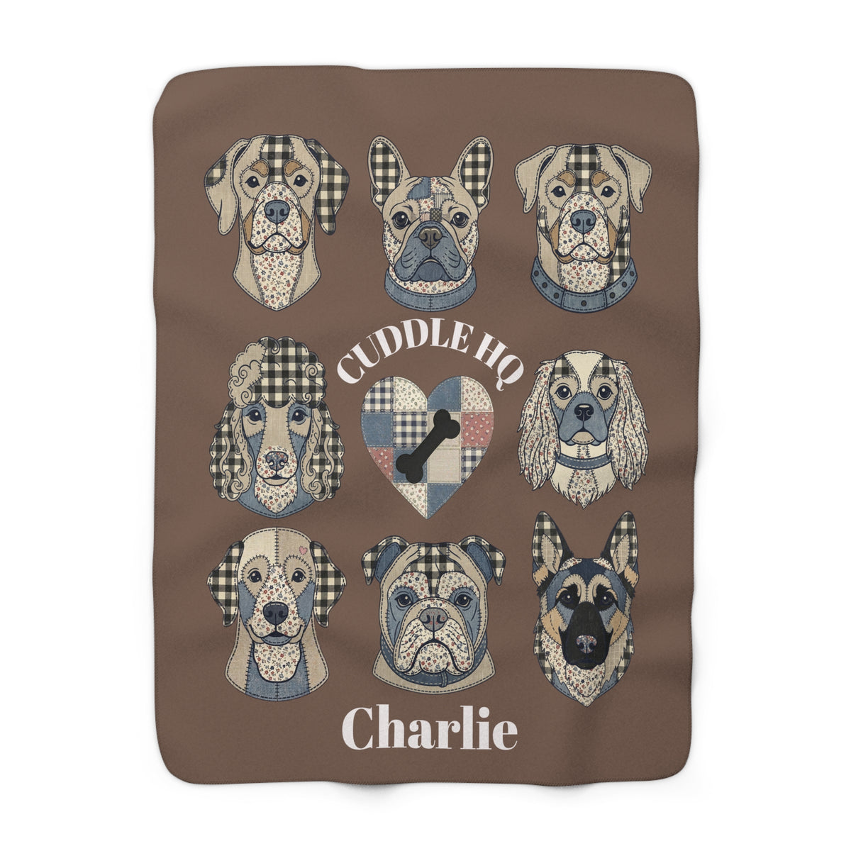 Sherpa Blanket — "Cuddle HQ" Patchwork Dog Faces Personalized Throw (Add Name) – Brown