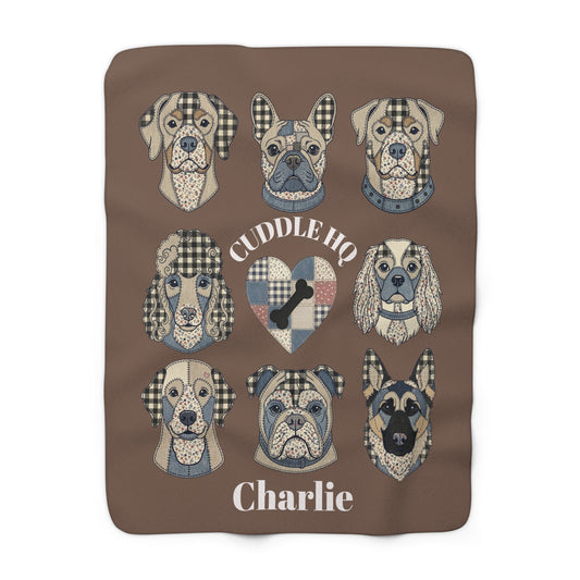 Copy of Sherpa Blanket — "Cuddle HQ" Patchwork Dog Faces Personalized Throw (Add Name)