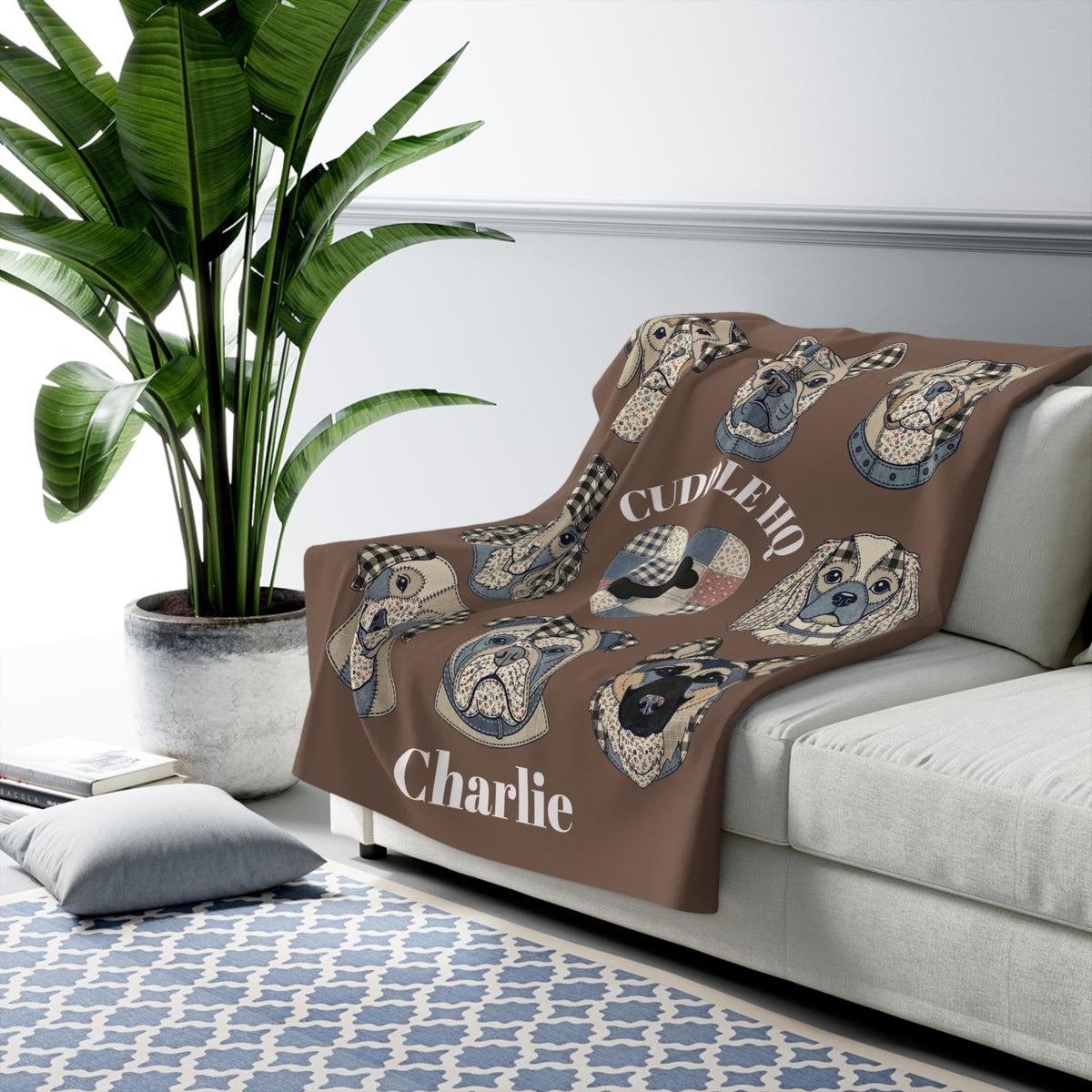 Sherpa Blanket — "Cuddle HQ" Patchwork Dog Faces Personalized Throw (Add Name) – Brown