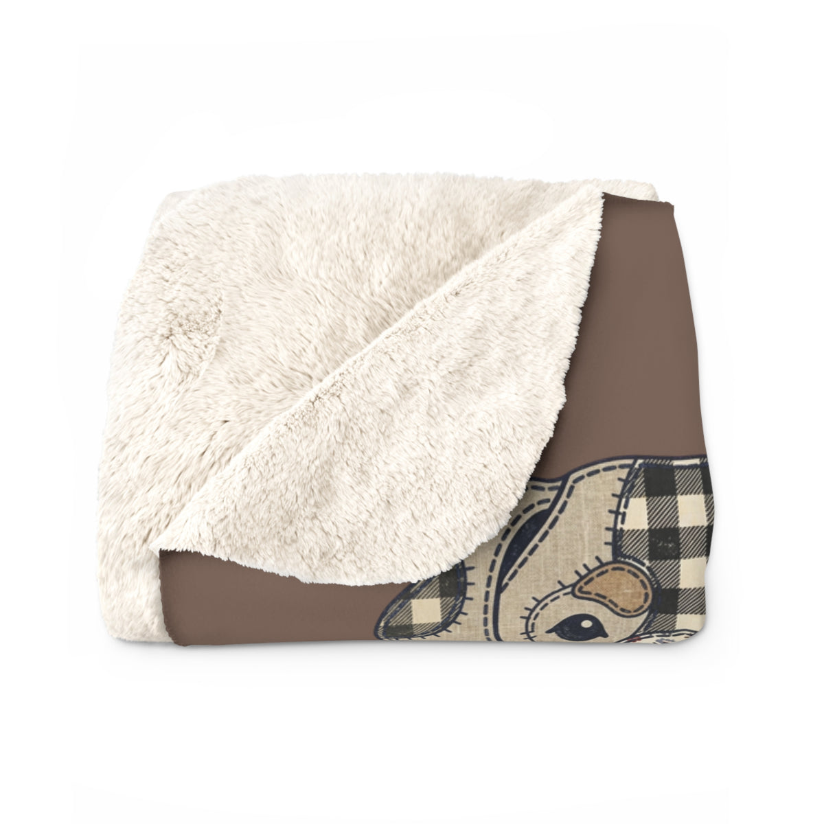 Sherpa Blanket — "Cuddle HQ" Patchwork Dog Faces Personalized Throw (Add Name) – Brown