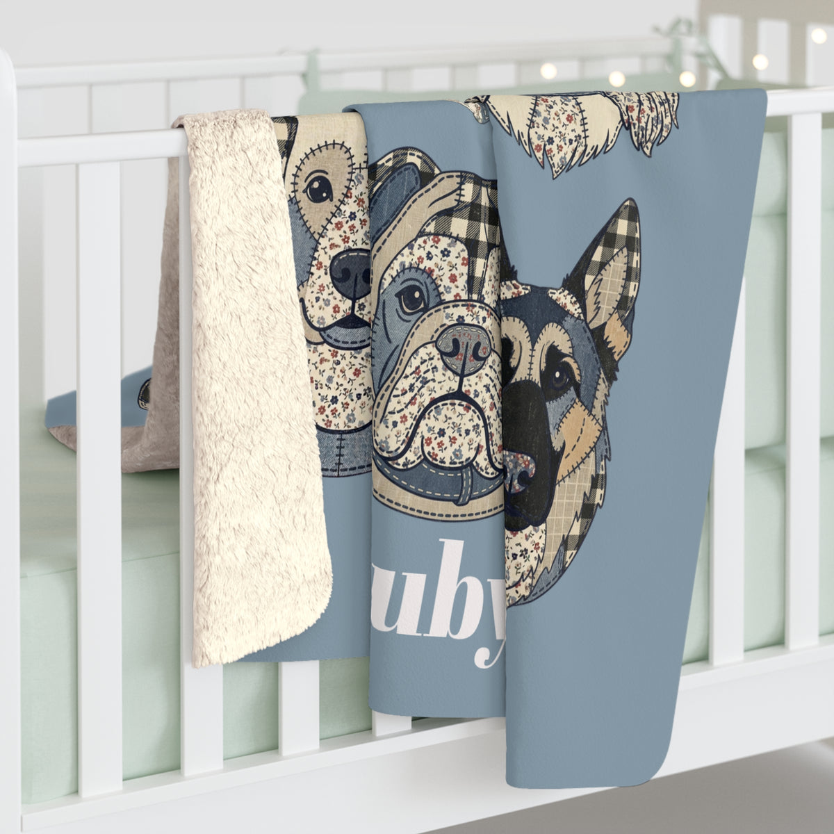 Sherpa Blanket — "Cuddle HQ" Patchwork Dog Faces Personalized Throw (Add Name) – Blue