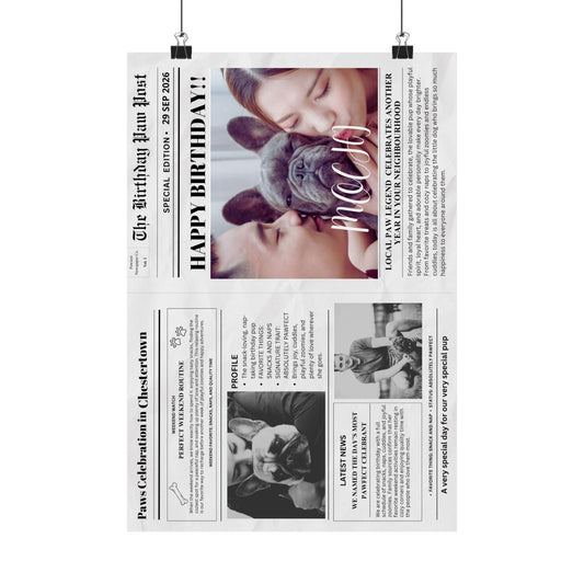 Personalized Newspaper Dog Photo Poster — Custom Matte Vertical "Happy Birthday" Collage Pet Lover