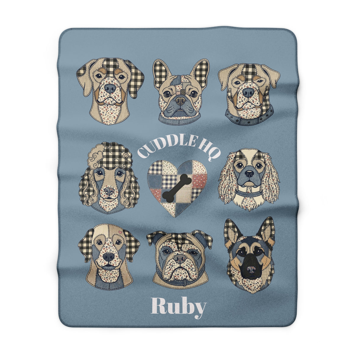 Sherpa Blanket — "Cuddle HQ" Patchwork Dog Faces Personalized Throw (Add Name) – Blue