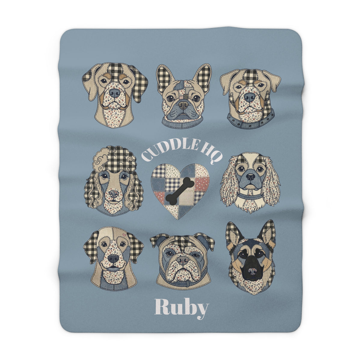 Sherpa Blanket — "Cuddle HQ" Patchwork Dog Faces Personalized Throw (Add Name) – Blue