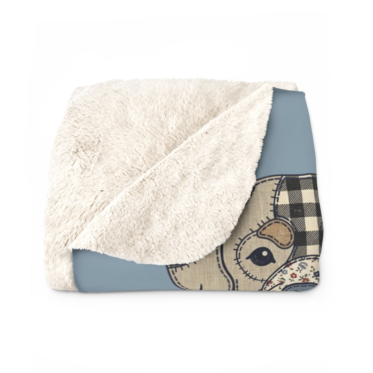 Sherpa Blanket — "Cuddle HQ" Patchwork Dog Faces Personalized Throw (Add Name) – Blue