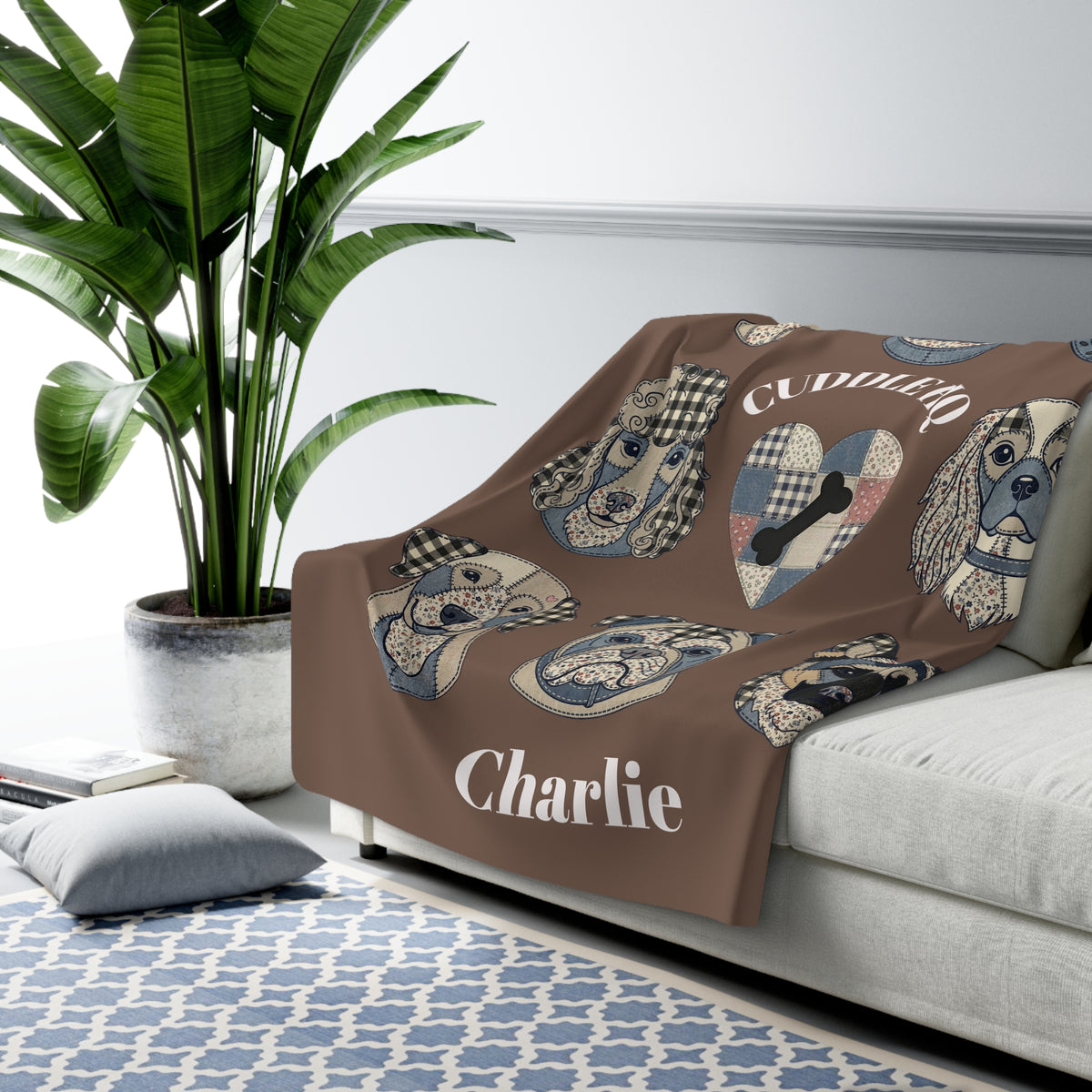 Sherpa Blanket — "Cuddle HQ" Patchwork Dog Faces Personalized Throw (Add Name) – Brown